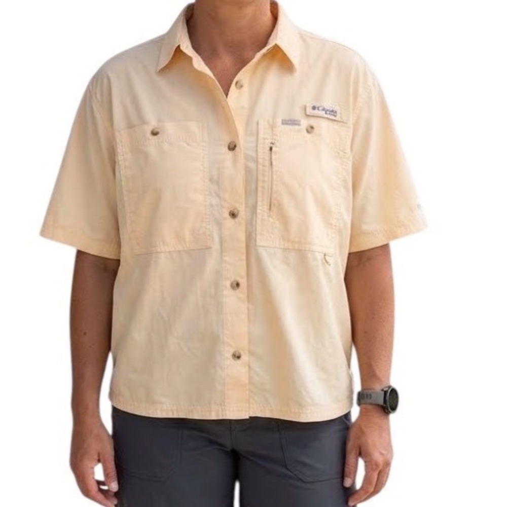 Columbia PFG Womens Relaxed Fit Boxy Fishing Shirt‎ Yellow Short Sleeve NEW